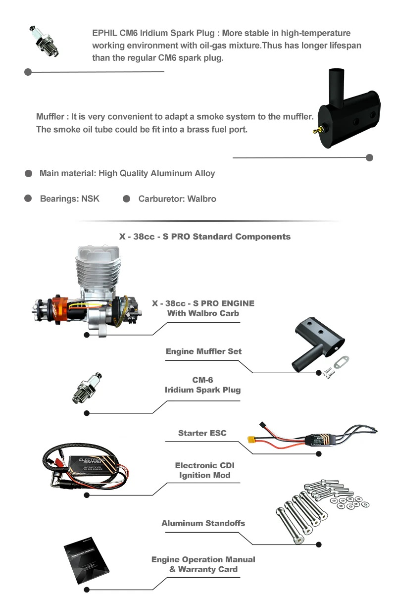 EPHIL X-Series 38cc-S Pro Gasoline Engine With E-Starter 