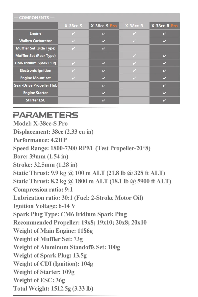 EPHIL X-Series 38cc-S Pro Gasoline Engine With E-Starter 