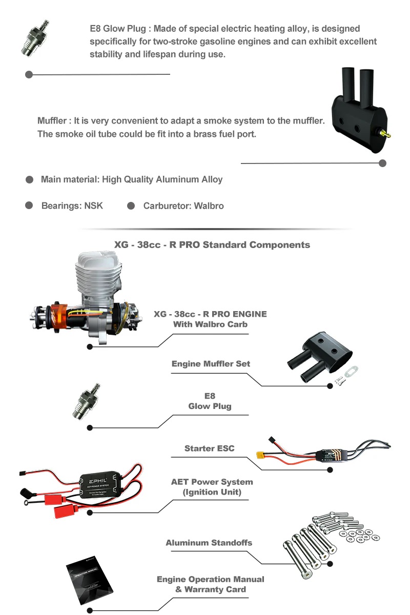 EPHIL XG-38cc-R Pro Glow Gasoline Engine With E-Starter