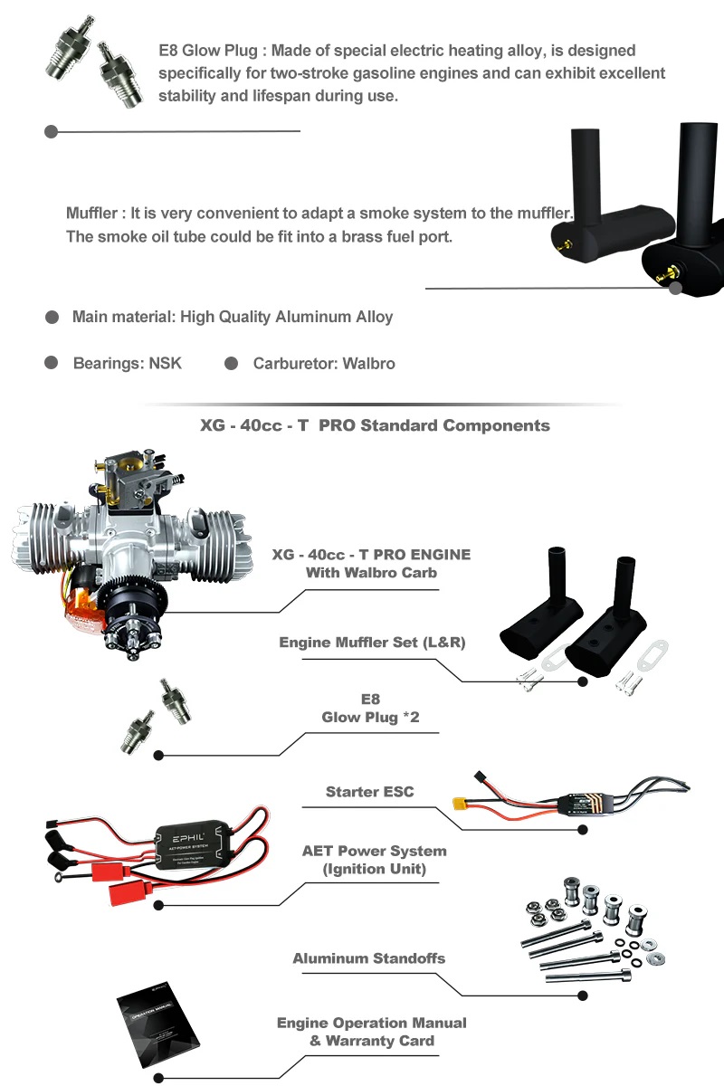 EPHIL XG-40cc-T Pro Glow Gasoline Engine With E-Starter