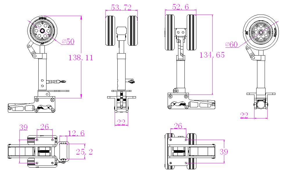 Alloy Electric Retracts Landing Gear Set (3 retracts) with Brake wheel For 7-8KG turbo aerobus jet Plane